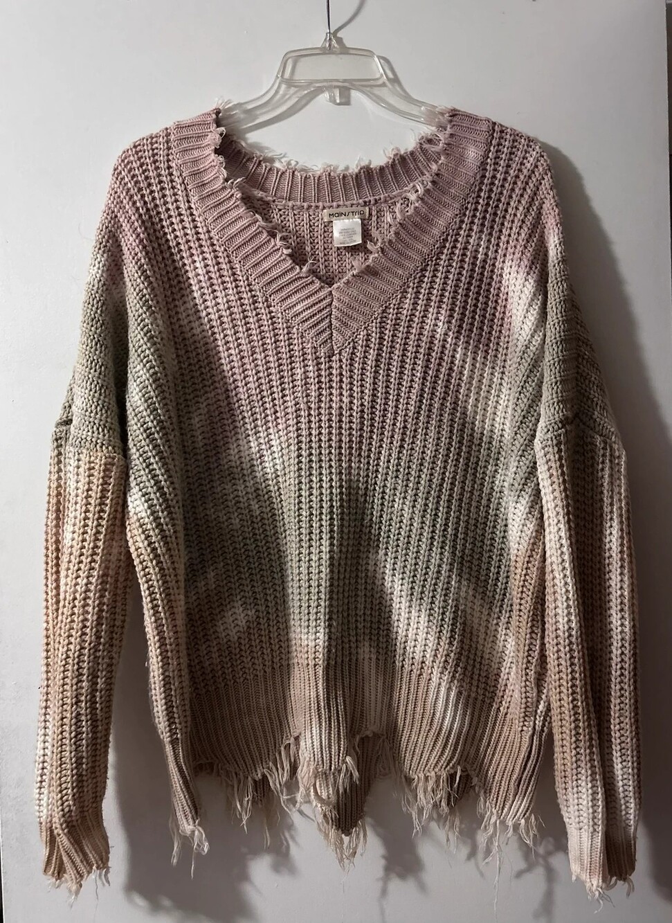 Main Strip Distressed Tie-Dye V-Neck Slouchy Knit Sweater